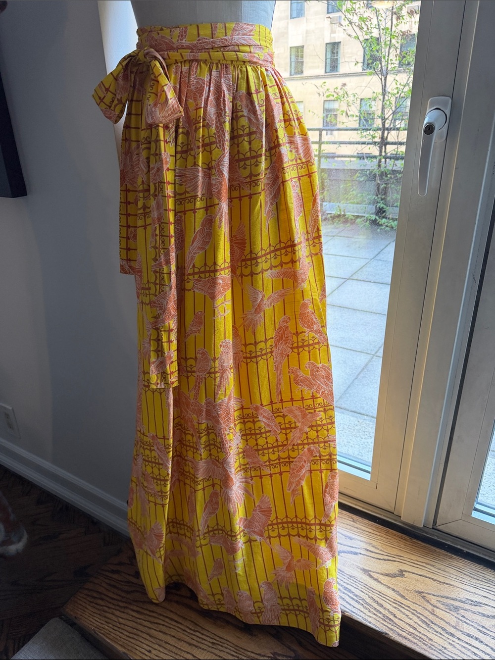 NWT Coniglio silk wrap Yellow Bird-Print Tie-Waist Maxi Skirt